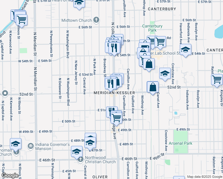 map of restaurants, bars, coffee shops, grocery stores, and more near 5212 North College Avenue in Indianapolis