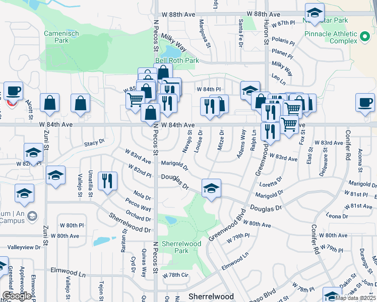 map of restaurants, bars, coffee shops, grocery stores, and more near 8311 Louise Drive in Denver