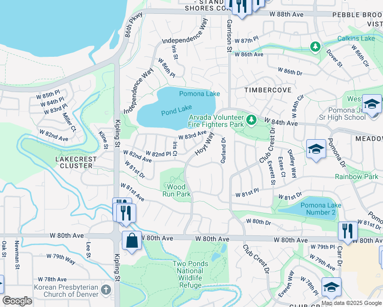 map of restaurants, bars, coffee shops, grocery stores, and more near 9630 West 82nd Place in Arvada