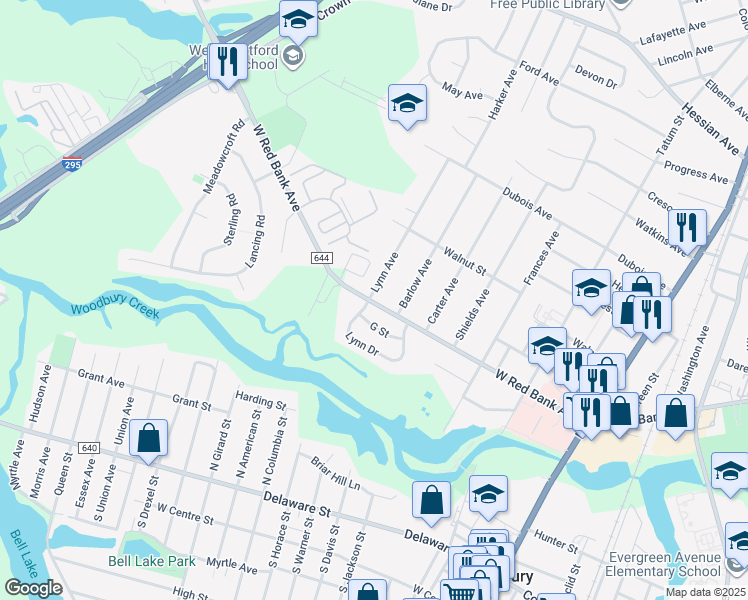 map of restaurants, bars, coffee shops, grocery stores, and more near 602 West Red Bank Avenue in Woodbury