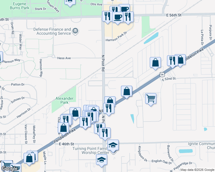 map of restaurants, bars, coffee shops, grocery stores, and more near North Eldorado Place in Indianapolis