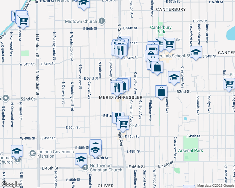 map of restaurants, bars, coffee shops, grocery stores, and more near in Indianapolis