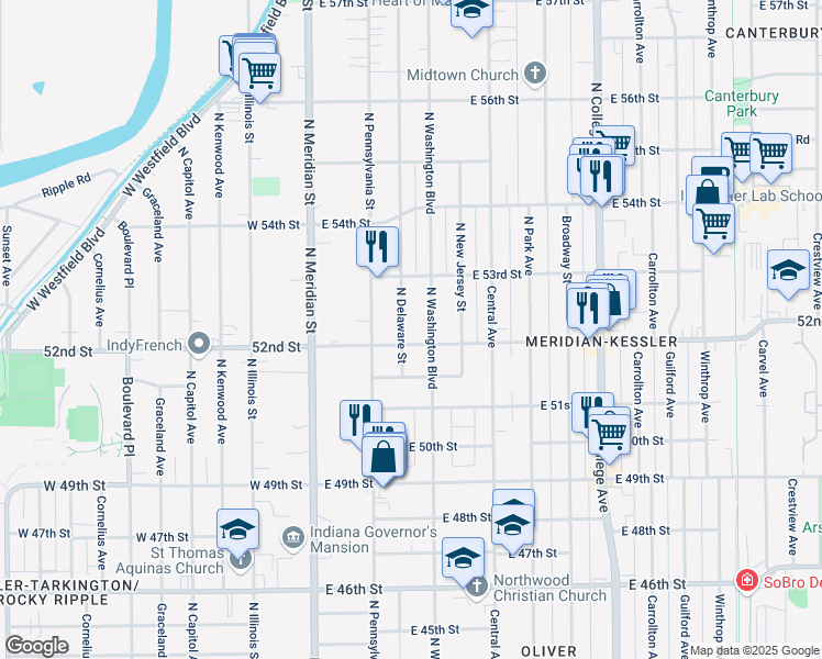 map of restaurants, bars, coffee shops, grocery stores, and more near 5222 North Washington Boulevard in Indianapolis