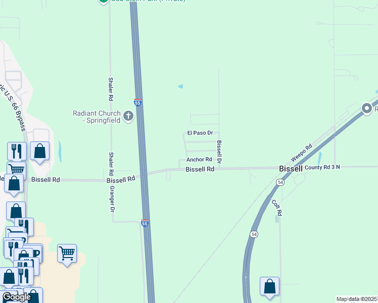map of restaurants, bars, coffee shops, grocery stores, and more near Tipple Drive in Springfield