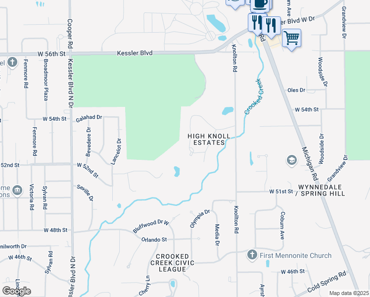 map of restaurants, bars, coffee shops, grocery stores, and more near 5250 Olympia Drive in Indianapolis