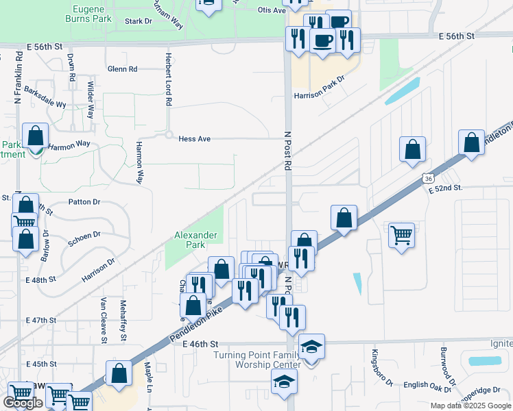 map of restaurants, bars, coffee shops, grocery stores, and more near 8876 Brigadier Drive in Lawrence