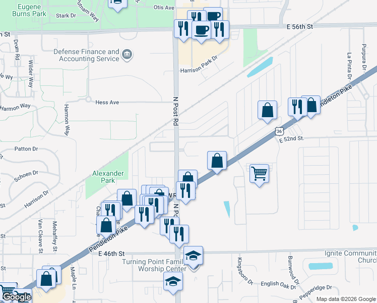 map of restaurants, bars, coffee shops, grocery stores, and more near North Eldorado Place in Indianapolis