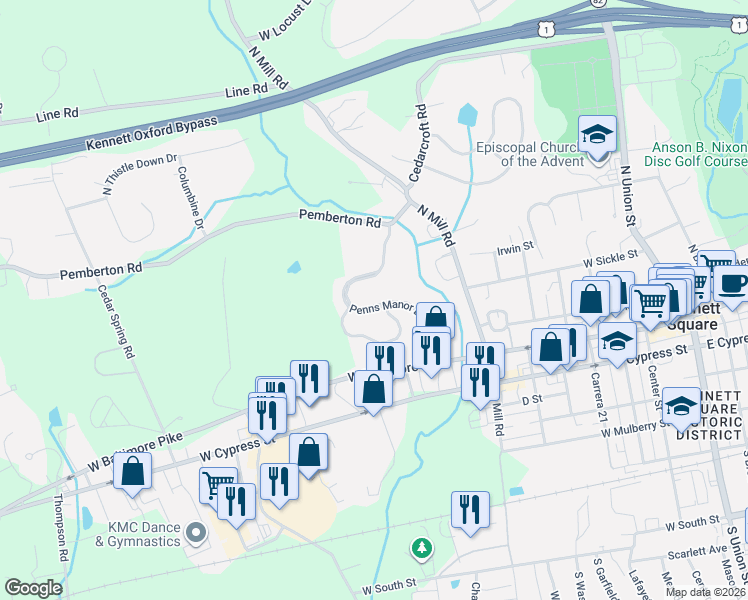 map of restaurants, bars, coffee shops, grocery stores, and more near 162 Penns Manor Drive in Kennett Square