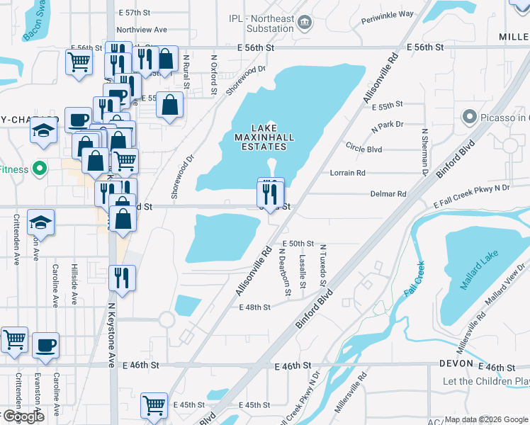 map of restaurants, bars, coffee shops, grocery stores, and more near 3119 East 52nd Street in Indianapolis