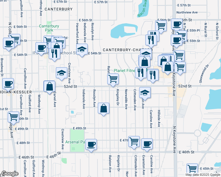 map of restaurants, bars, coffee shops, grocery stores, and more near 1701 East 52nd Street in Indianapolis
