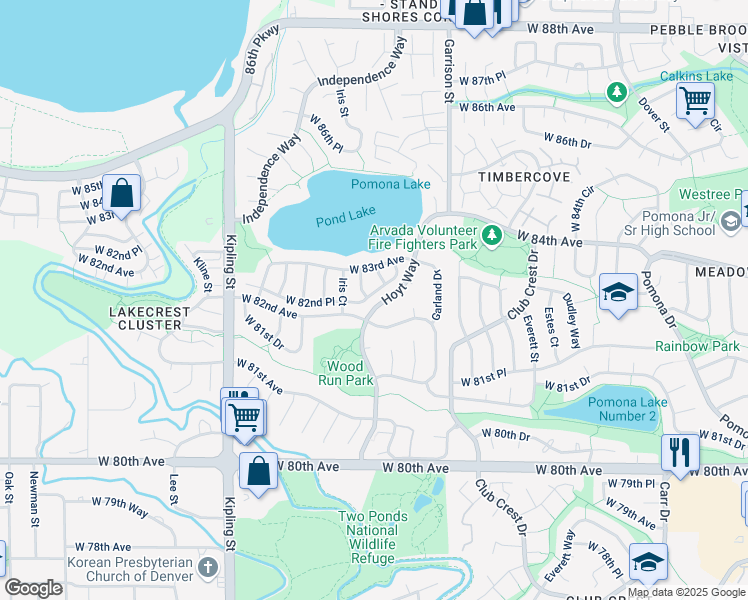 map of restaurants, bars, coffee shops, grocery stores, and more near 9630 West 82nd Place in Arvada