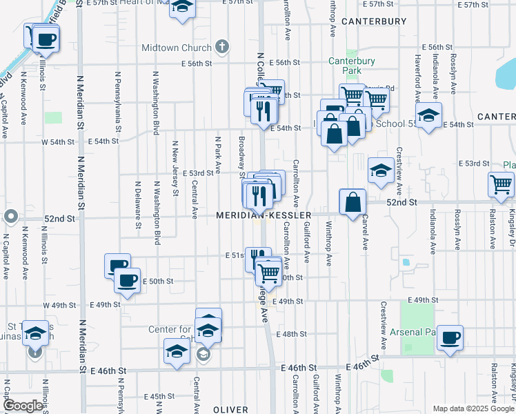 map of restaurants, bars, coffee shops, grocery stores, and more near 5212 North College Avenue in Indianapolis