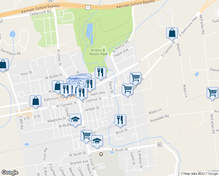 map of restaurants, bars, coffee shops, grocery stores, and more near 118 Race Street in Kennett Square