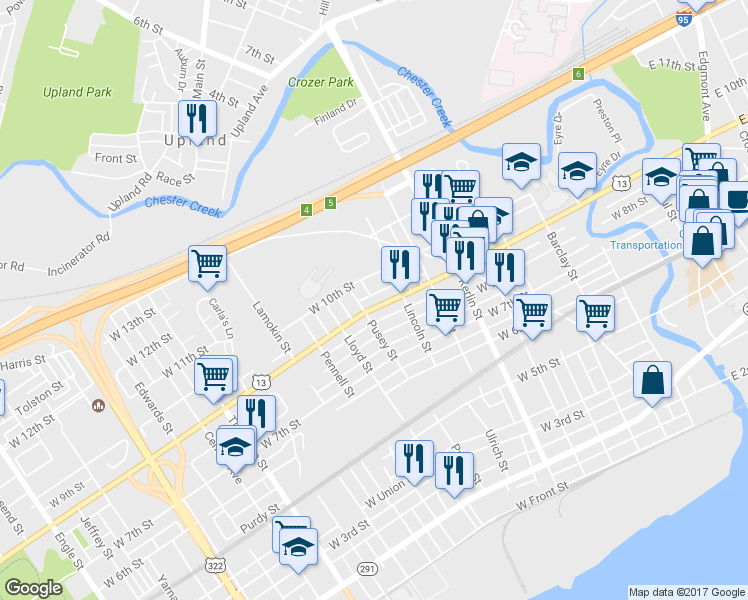 map of restaurants, bars, coffee shops, grocery stores, and more near 932 West 9th Street in Chester