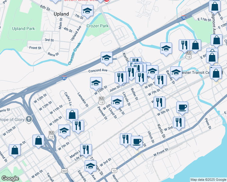 map of restaurants, bars, coffee shops, grocery stores, and more near 932 West 9th Street in Chester
