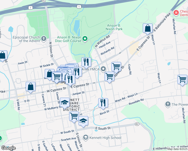 map of restaurants, bars, coffee shops, grocery stores, and more near 118 Race Street in Kennett Square