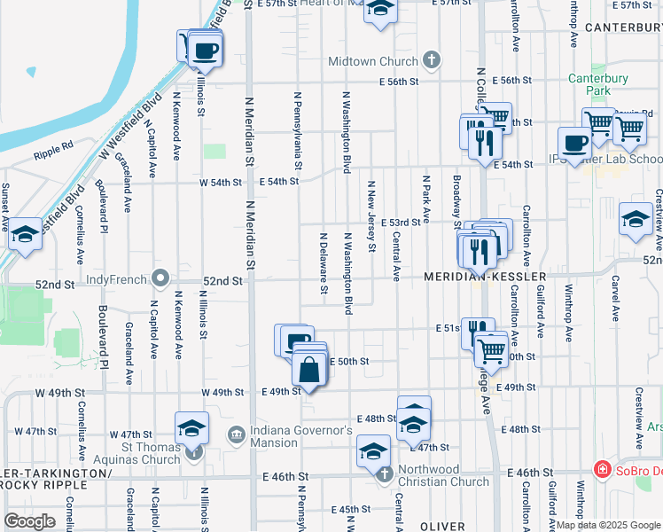 map of restaurants, bars, coffee shops, grocery stores, and more near 5222 North Washington Boulevard in Indianapolis