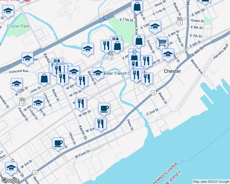 map of restaurants, bars, coffee shops, grocery stores, and more near 525 Penn Street in Chester