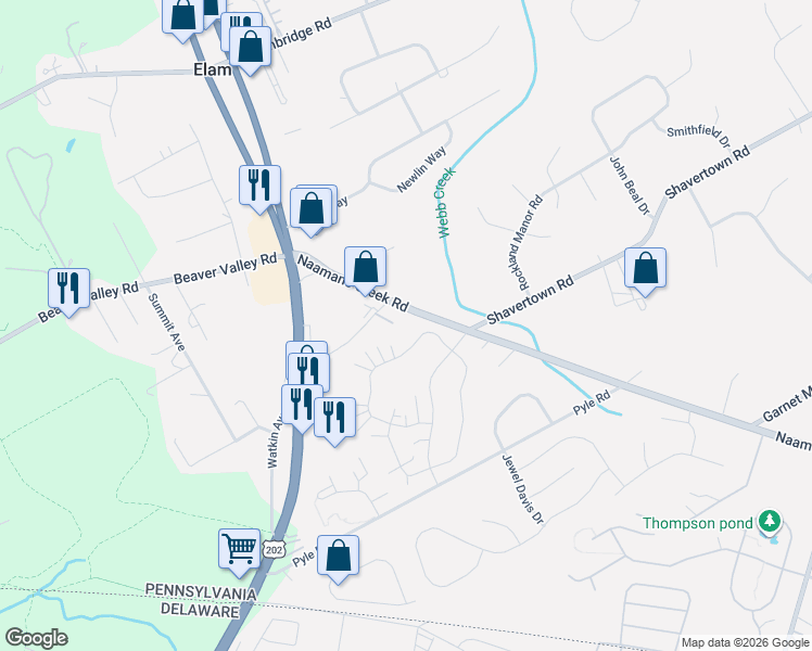 map of restaurants, bars, coffee shops, grocery stores, and more near 2 Graystone Drive in Chadds Ford