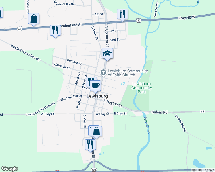 map of restaurants, bars, coffee shops, grocery stores, and more near 110 North Water Street in Lewisburg