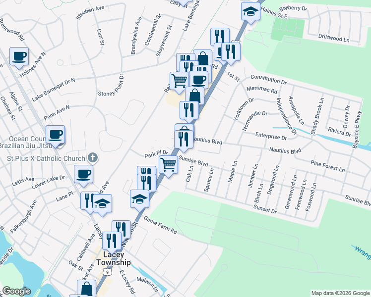 map of restaurants, bars, coffee shops, grocery stores, and more near 249 U.S. 9 in Lacey Township