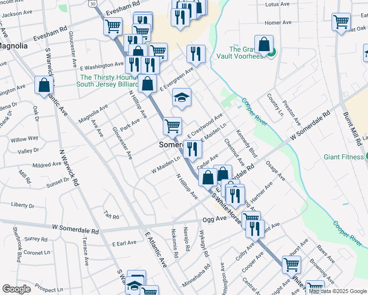 map of restaurants, bars, coffee shops, grocery stores, and more near 216 North White Horse Pike in Somerdale
