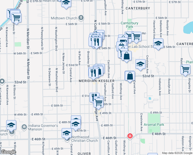 map of restaurants, bars, coffee shops, grocery stores, and more near North College Avenue in Indianapolis