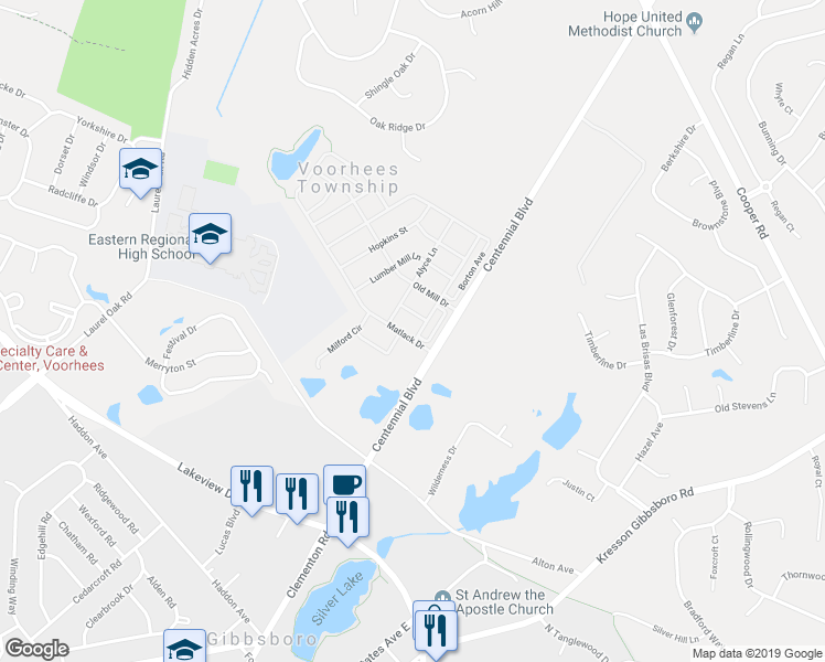 map of restaurants, bars, coffee shops, grocery stores, and more near 2 Alyce Lane in Voorhees Township