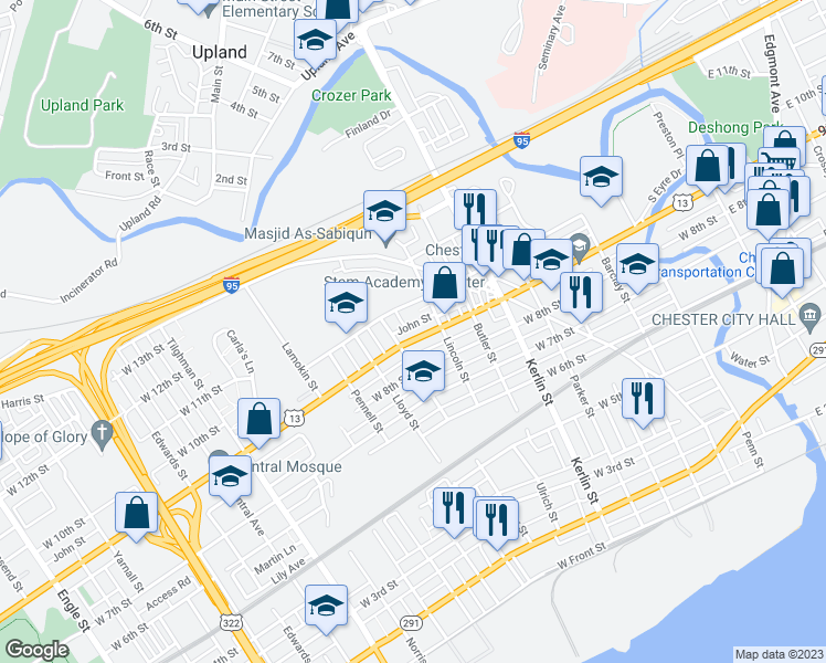 map of restaurants, bars, coffee shops, grocery stores, and more near 928 West 9th Street in Chester