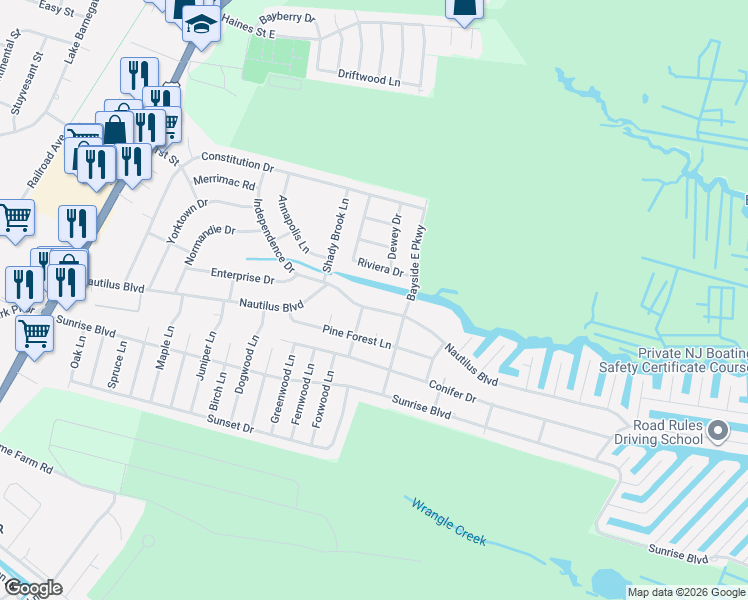 map of restaurants, bars, coffee shops, grocery stores, and more near 316 Nautilus Boulevard in Lacey Township