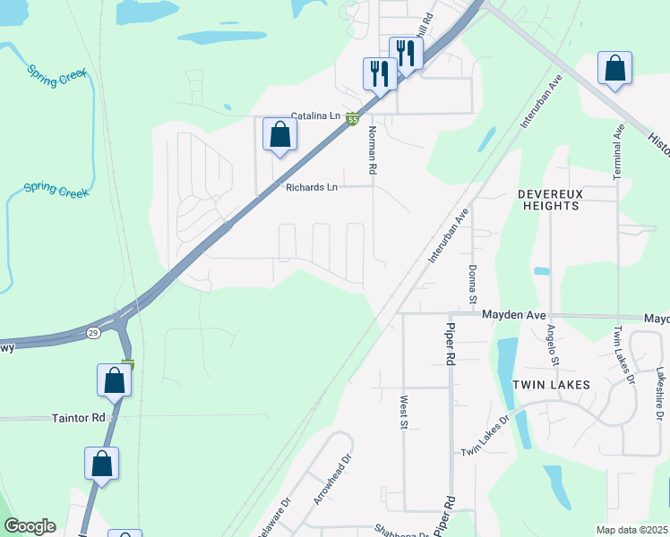 map of restaurants, bars, coffee shops, grocery stores, and more near 3430 96 North Peoria Road in Springfield