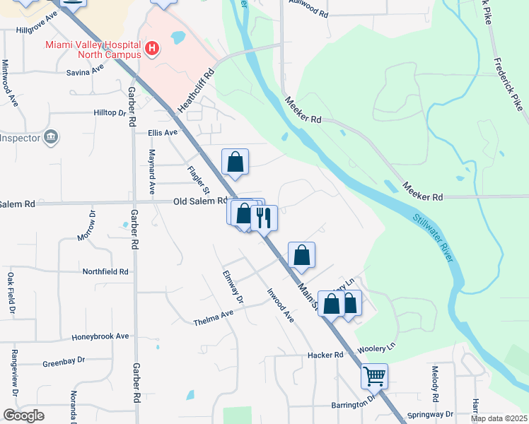 map of restaurants, bars, coffee shops, grocery stores, and more near 4539 River Ridge Road in Dayton