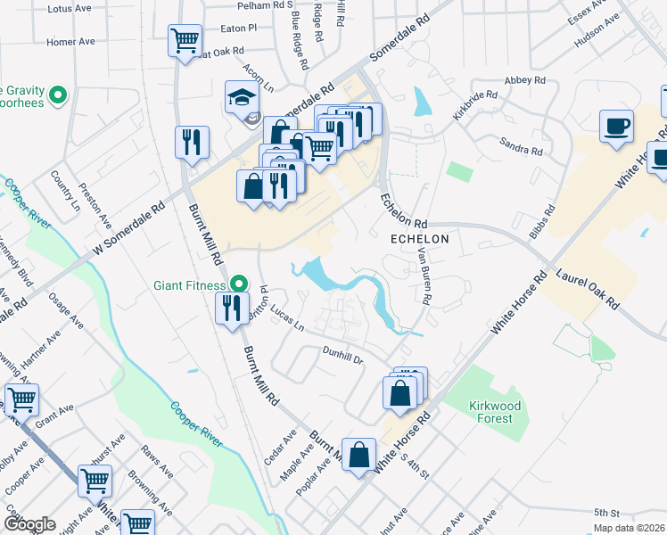 map of restaurants, bars, coffee shops, grocery stores, and more near 207 Laurel Road in Voorhees Township