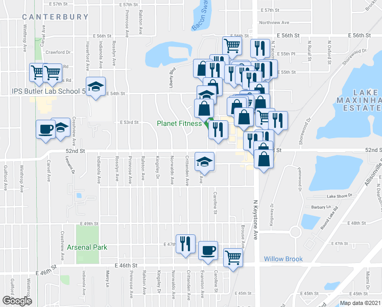 map of restaurants, bars, coffee shops, grocery stores, and more near 1925 East 52nd Street in Indianapolis