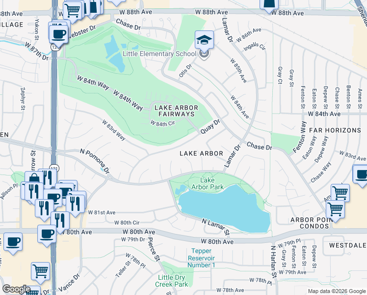 map of restaurants, bars, coffee shops, grocery stores, and more near 8368 Quay Drive in Arvada