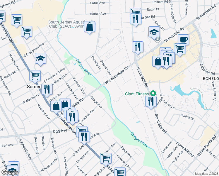 map of restaurants, bars, coffee shops, grocery stores, and more near 401 East Somerdale Road in Voorhees Township