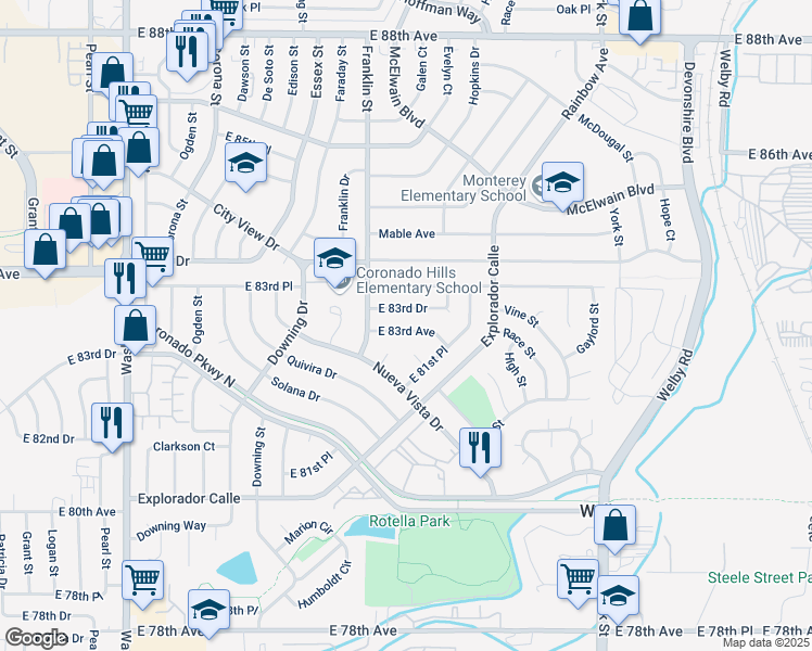 map of restaurants, bars, coffee shops, grocery stores, and more near 1727 East 83rd Avenue in Denver