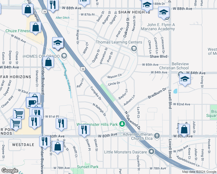 map of restaurants, bars, coffee shops, grocery stores, and more near 8220 Circle Drive in Westminster