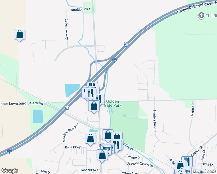 map of restaurants, bars, coffee shops, grocery stores, and more near 530 Upper Lewisburg Salem Road in Brookville