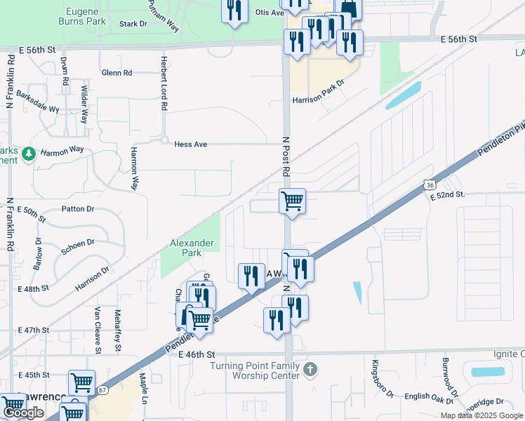 map of restaurants, bars, coffee shops, grocery stores, and more near 8886 Brigadier Drive in Lawrence