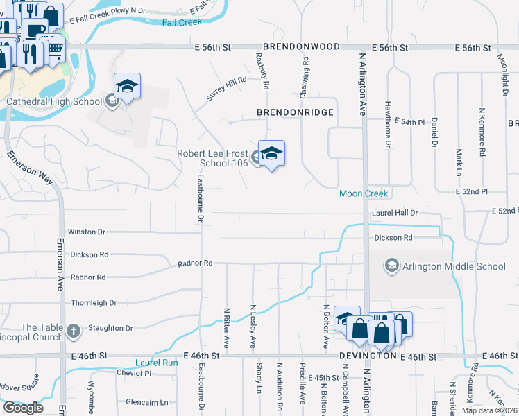 map of restaurants, bars, coffee shops, grocery stores, and more near 5656 Laurel Hall Drive in Indianapolis