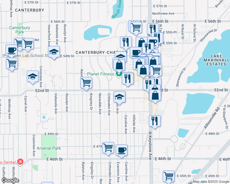 map of restaurants, bars, coffee shops, grocery stores, and more near 1925 East 52nd Street in Indianapolis