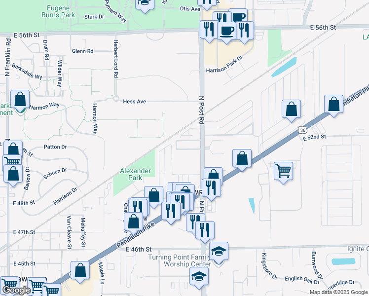 map of restaurants, bars, coffee shops, grocery stores, and more near 8886 Brigadier Drive in Lawrence