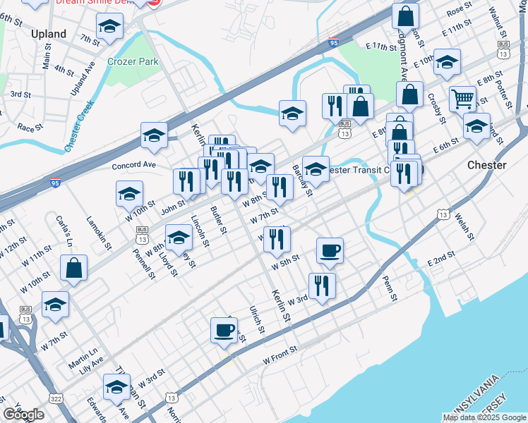 map of restaurants, bars, coffee shops, grocery stores, and more near 514 West 7th Street in Chester