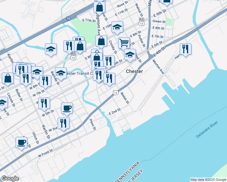 map of restaurants, bars, coffee shops, grocery stores, and more near 10-18 East 3rd Street in Chester