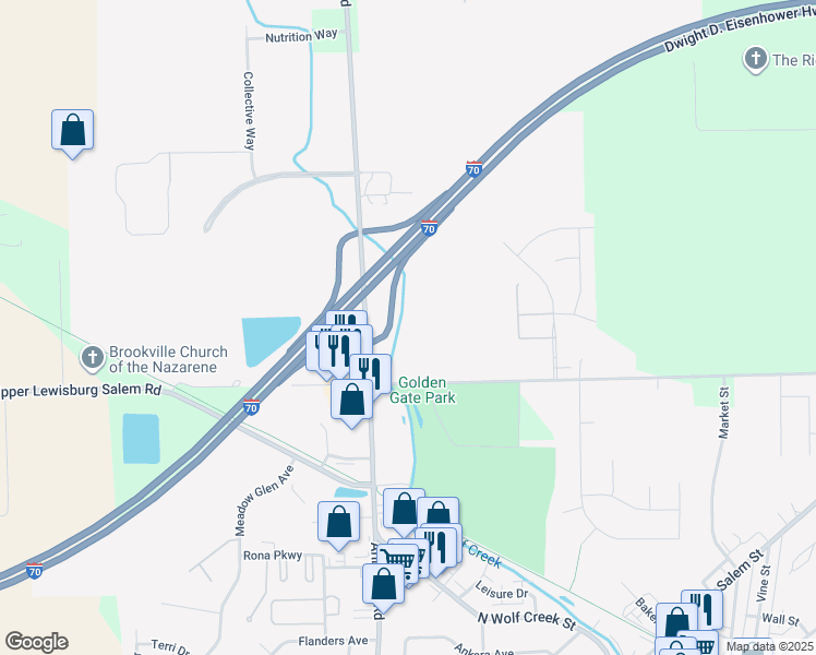 map of restaurants, bars, coffee shops, grocery stores, and more near 530 Upper Lewisburg Salem Road in Brookville