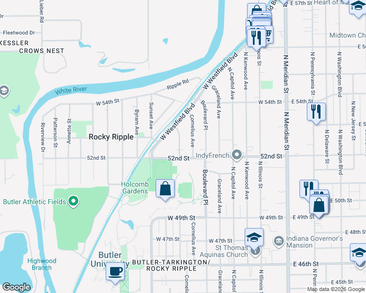 map of restaurants, bars, coffee shops, grocery stores, and more near 5213 Hinesley Avenue in Indianapolis