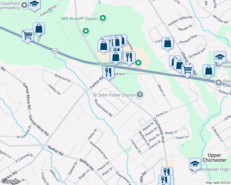 map of restaurants, bars, coffee shops, grocery stores, and more near 624 Haudie Ann Road in Boothwyn