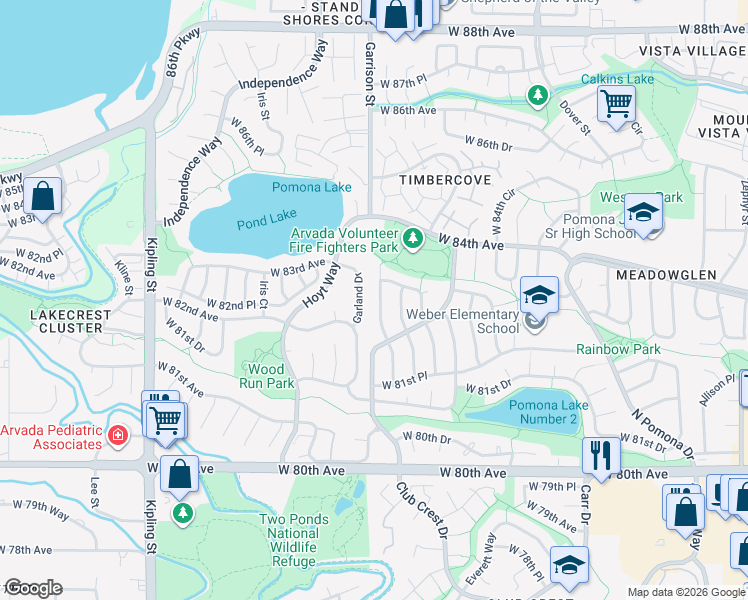 map of restaurants, bars, coffee shops, grocery stores, and more near 8323 Flower Court in Arvada