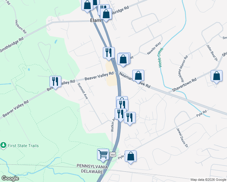 map of restaurants, bars, coffee shops, grocery stores, and more near 7000 Johnson Farm Lane in Chadds Ford